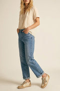 Calça Jeans Denim Azul Clássica de Perna Reta com cintura média