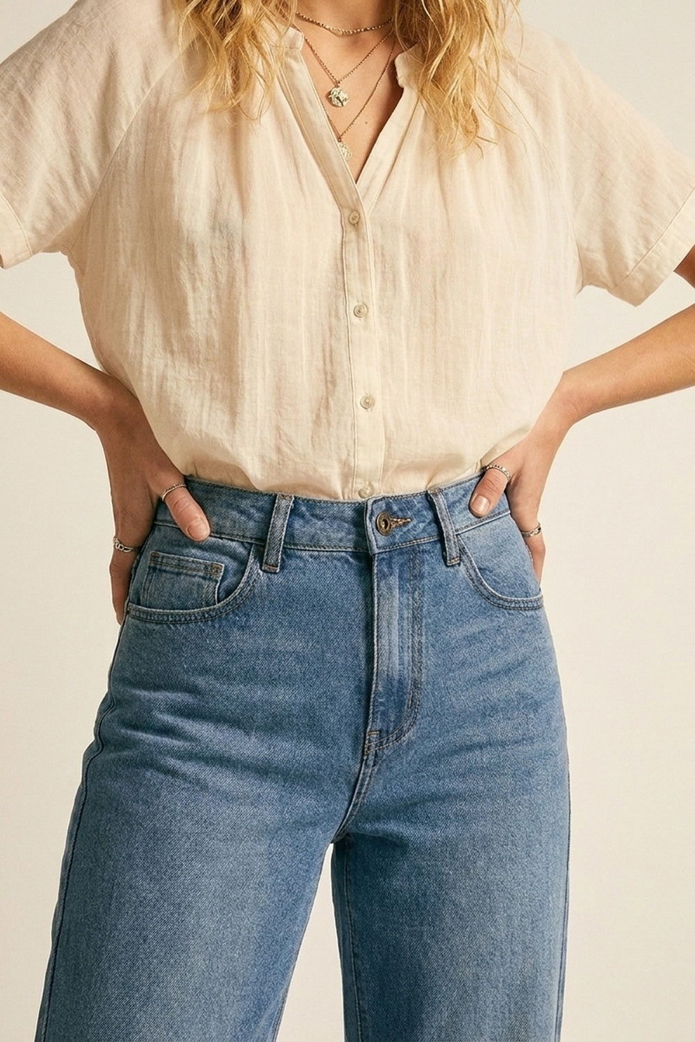 Calça Jeans Denim Azul Clássica de Perna Reta com cintura média