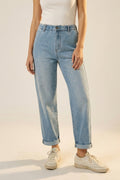 Calças Jeans Relaxed Fit Lavagem Clara Cintura Elástica
