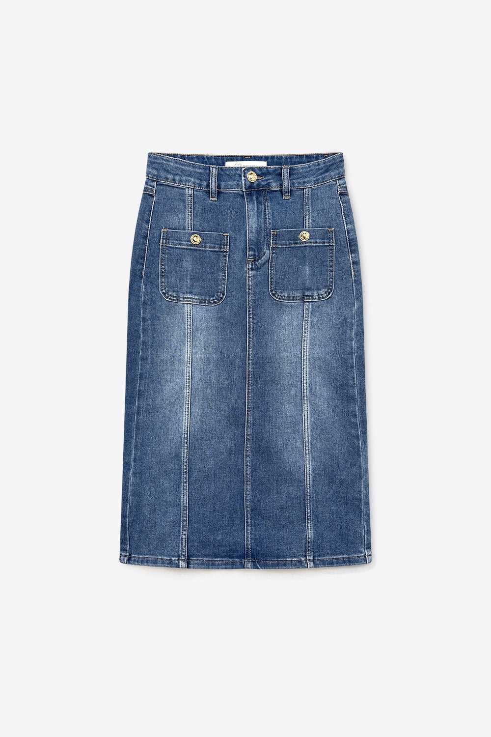 Saia Midi Jeans Lavagem Média com Bolsos Frontais Aplicados