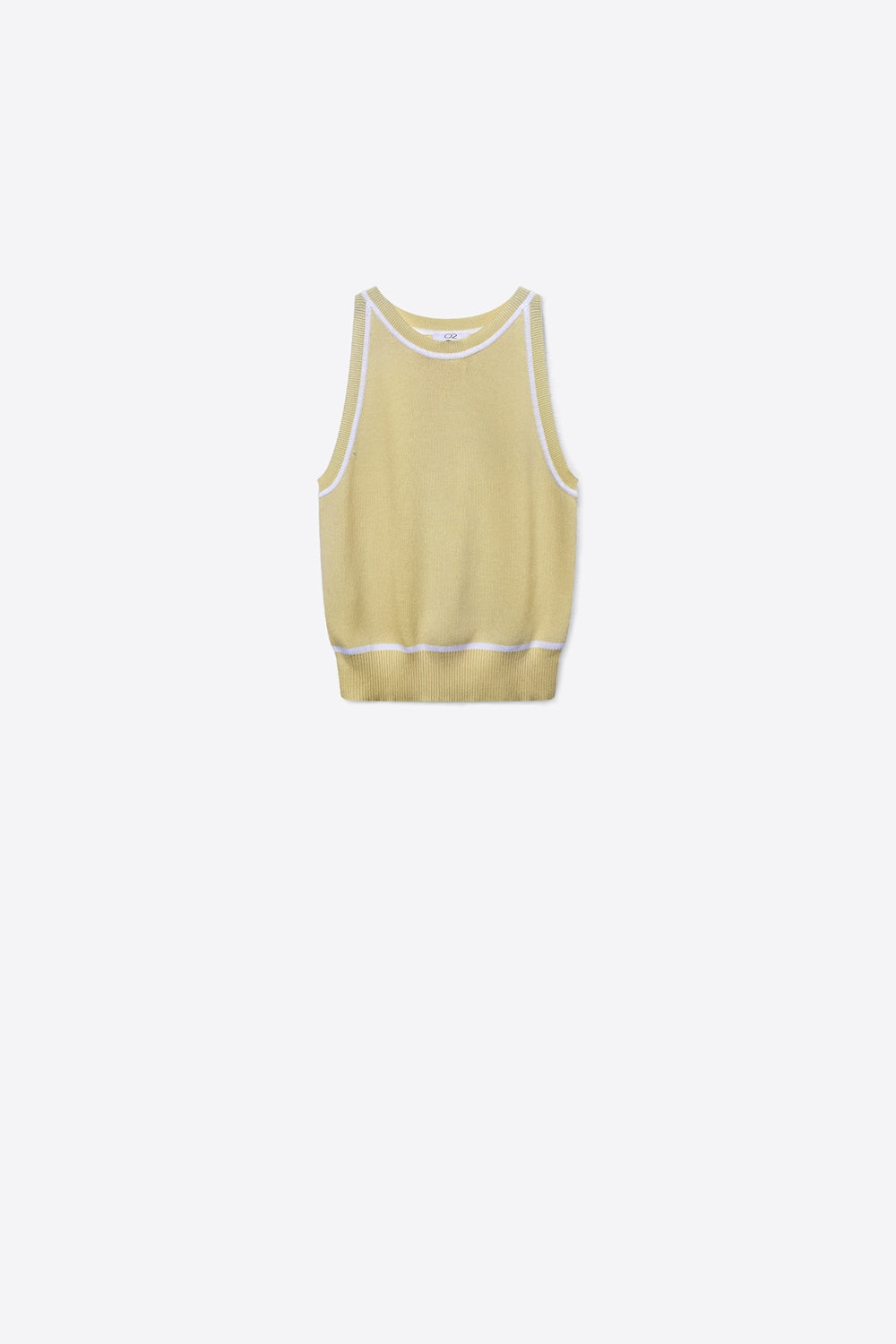 Top de malha sem mangas em amarelo manteiga com detalhes de linhas brancas