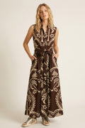 Vestido Maxi Marrom Estampado com Cintura Cintada