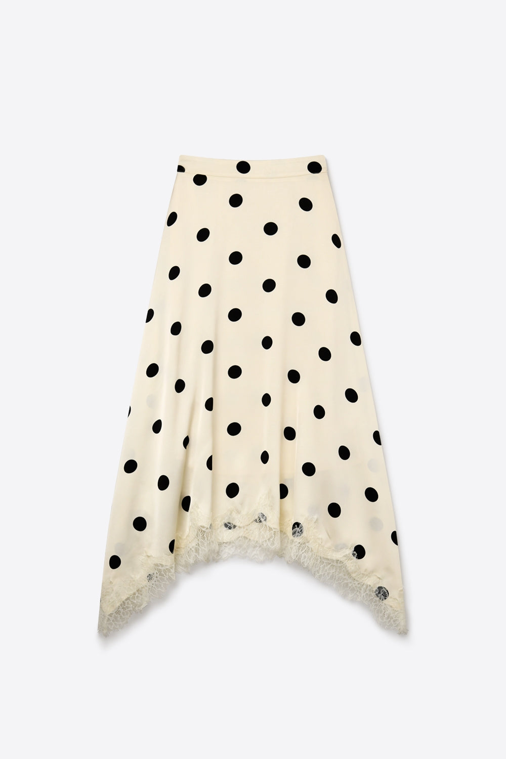 Saia midi assimétrica de cetim com padrão de bolinhas em creme e guarnição de renda