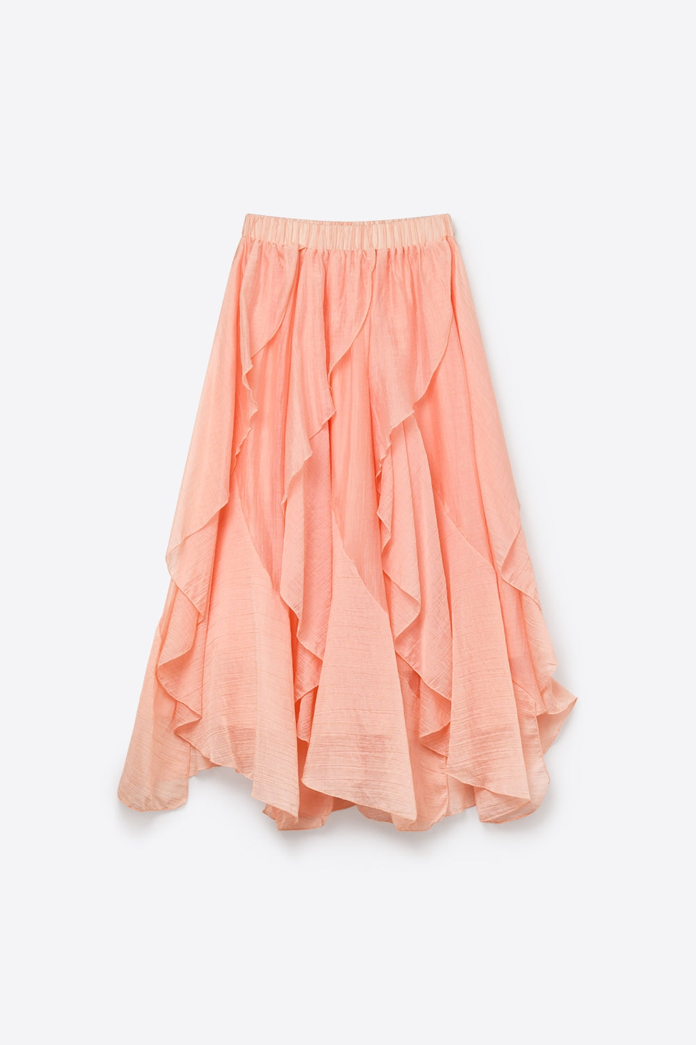 Saia midi assimétrica com folhos e camadas em tecido leve cor-de-rosa