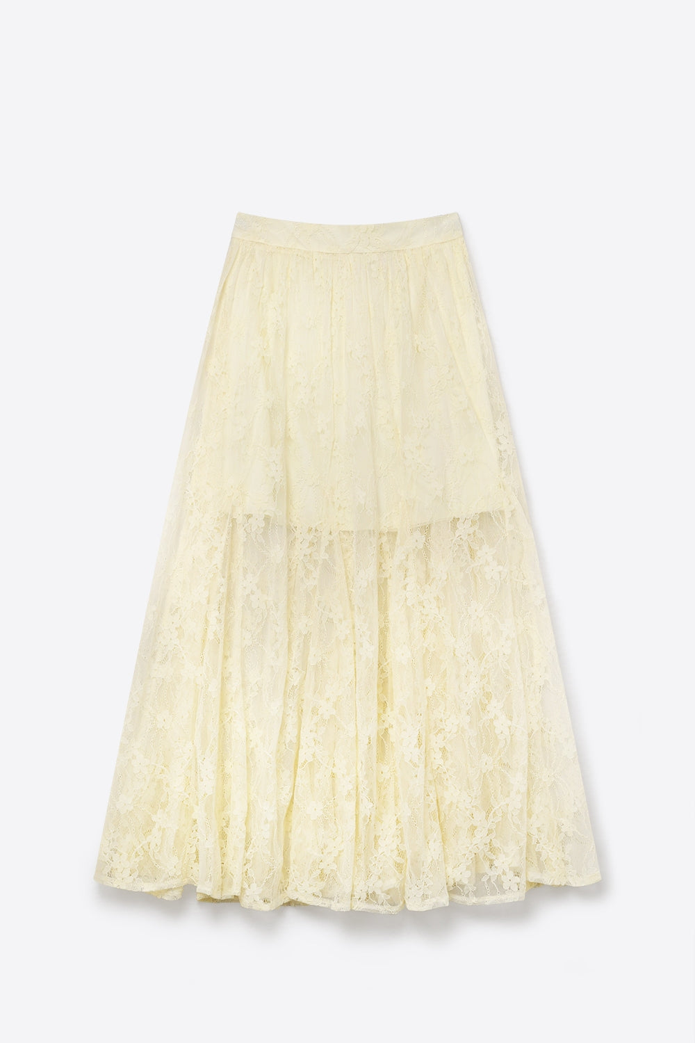 Saia longa de tecido rendado floral creme com cintura elástica