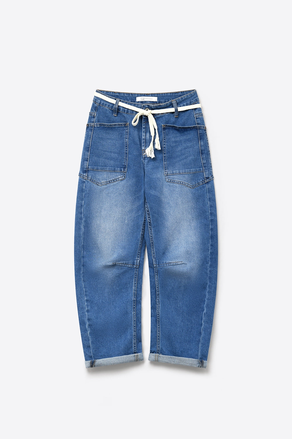 Jeans Azul Médio Lavagem no Tornozelo com Perna Larga e Cinto