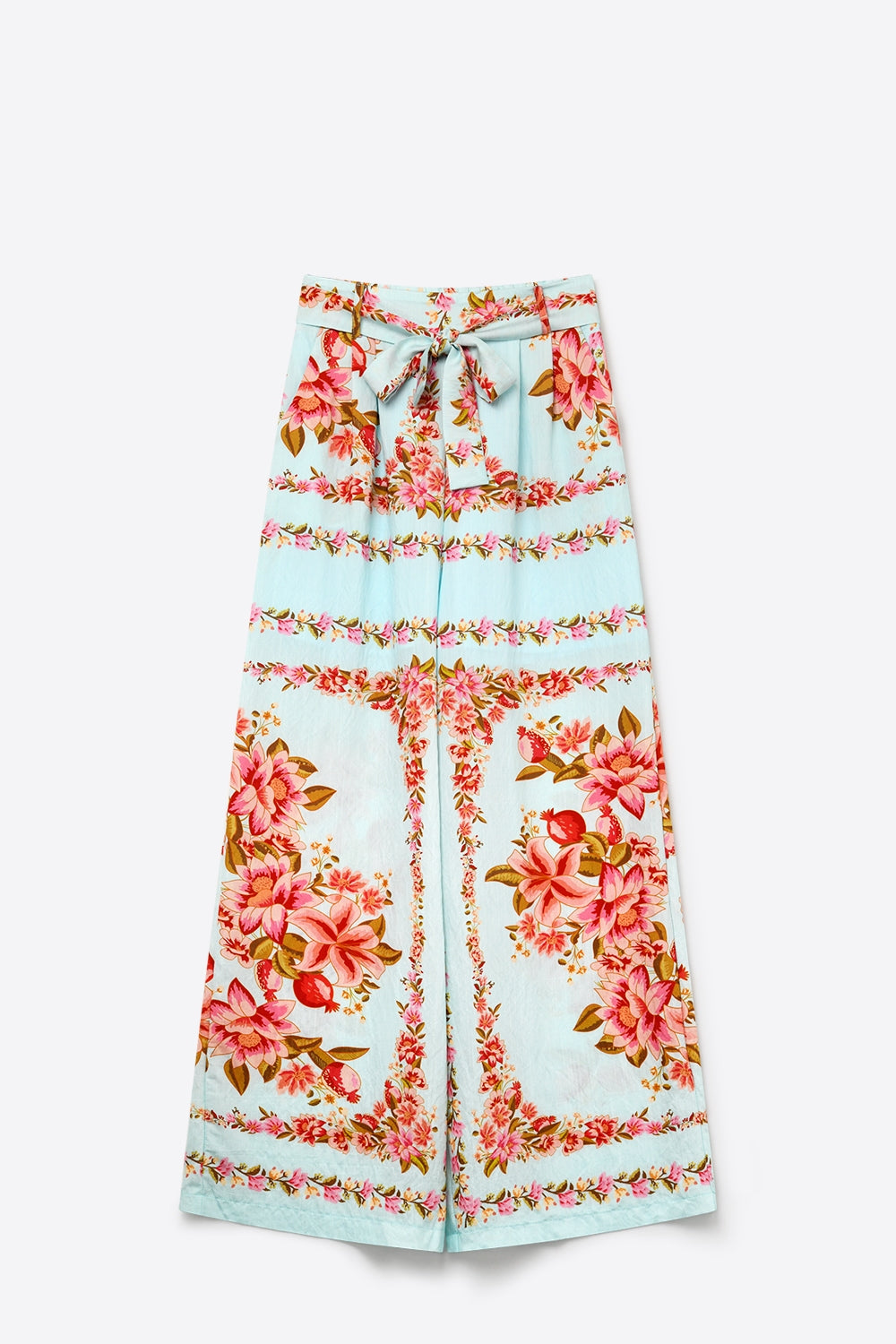 Calças de cintura larga de algodão com estampado floral azul claro