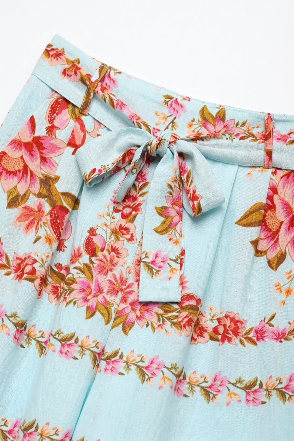 Calças de cintura larga de algodão com estampado floral azul claro