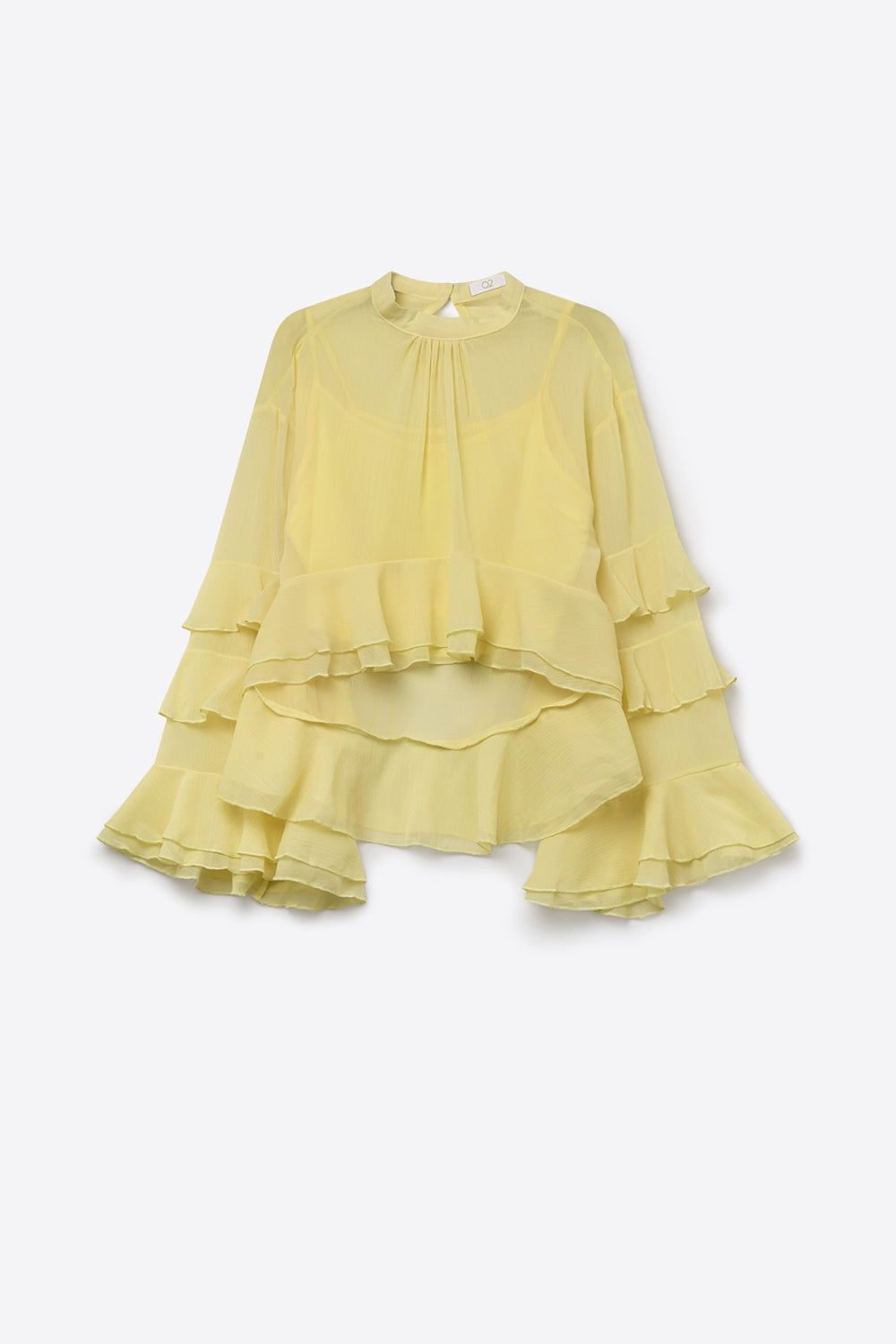 Blusa amarela em chiffon com folhos, mangas flare e gola alta