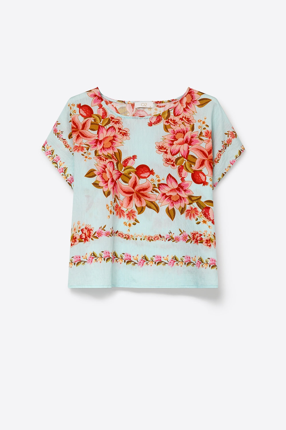 Top de corte em tecido boxy azul claro com estampado floral leve
