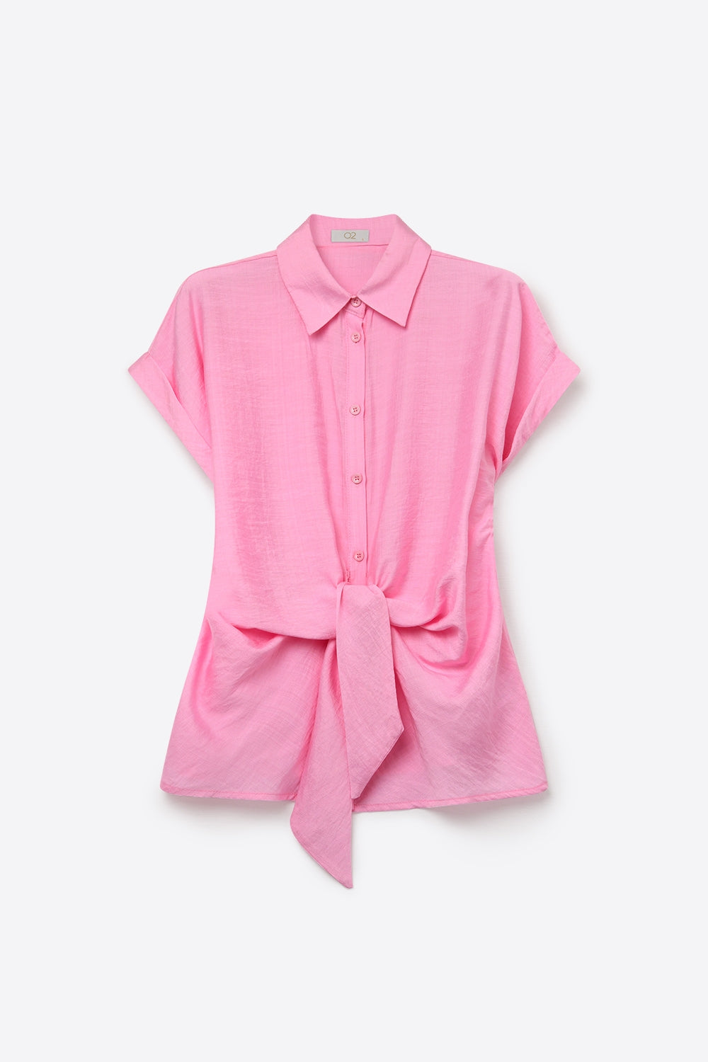 Camisa Rosa Leve de Tecido com Mangas Curtas e Amarração Frontal