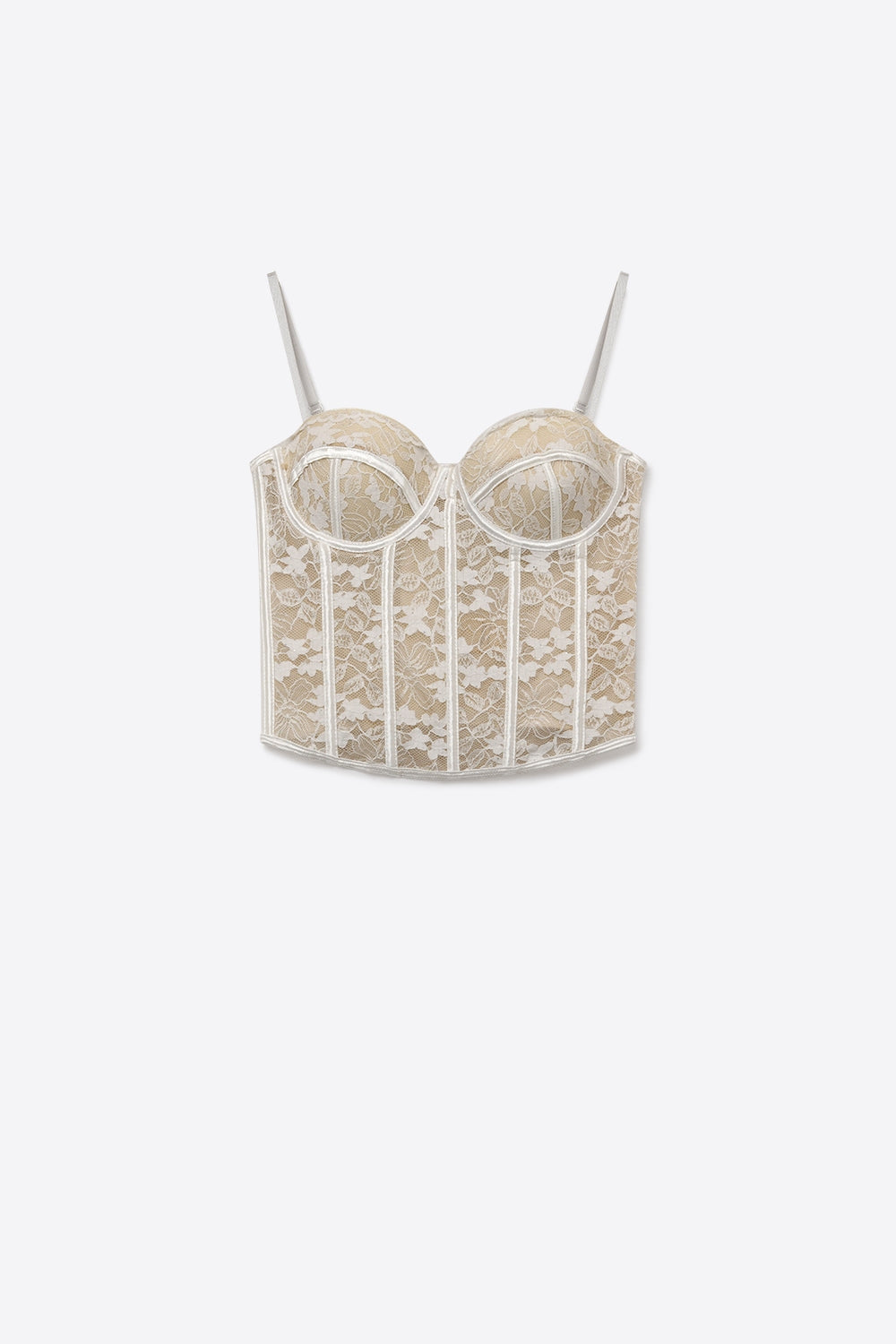Corpete de renda floral branco com folhos e espartilho justo