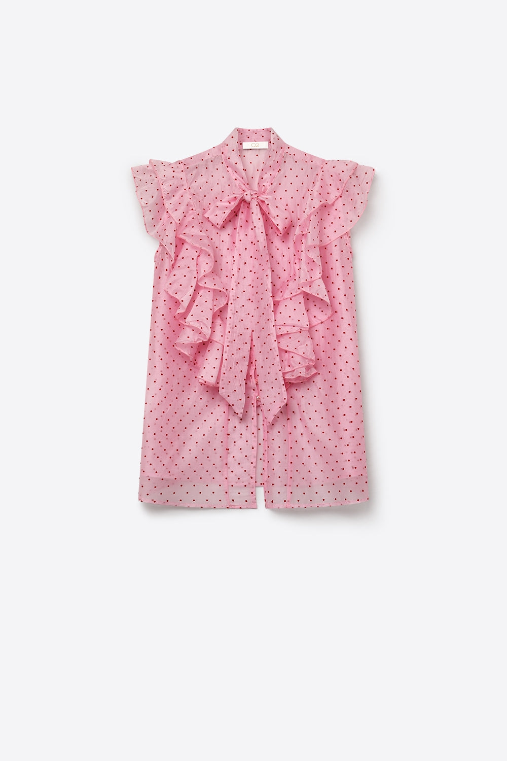 Blusa sem mangas com laço babados e estampa de bolinhas em chiffon rosa claro