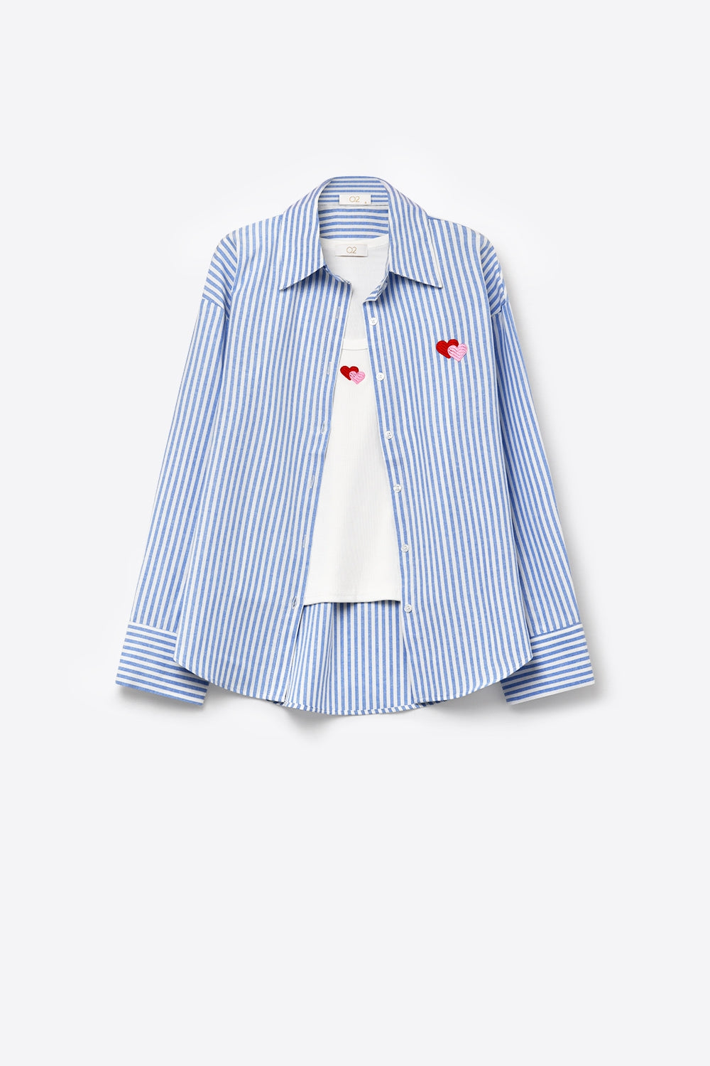 Conjunto de t-shirt e camisa de 2 peças com bordado de coração em algodão listrado azul