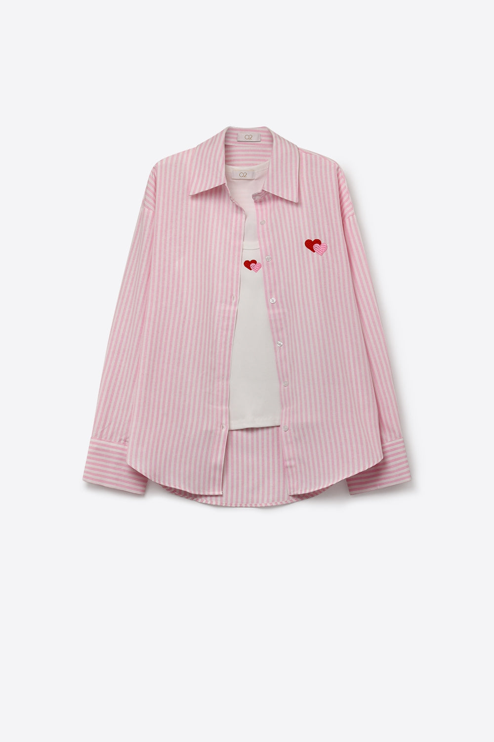 Conjunto de Camiseta e Camisa com Coração Bordado de Algodão Listrado Rosa 2 peças
