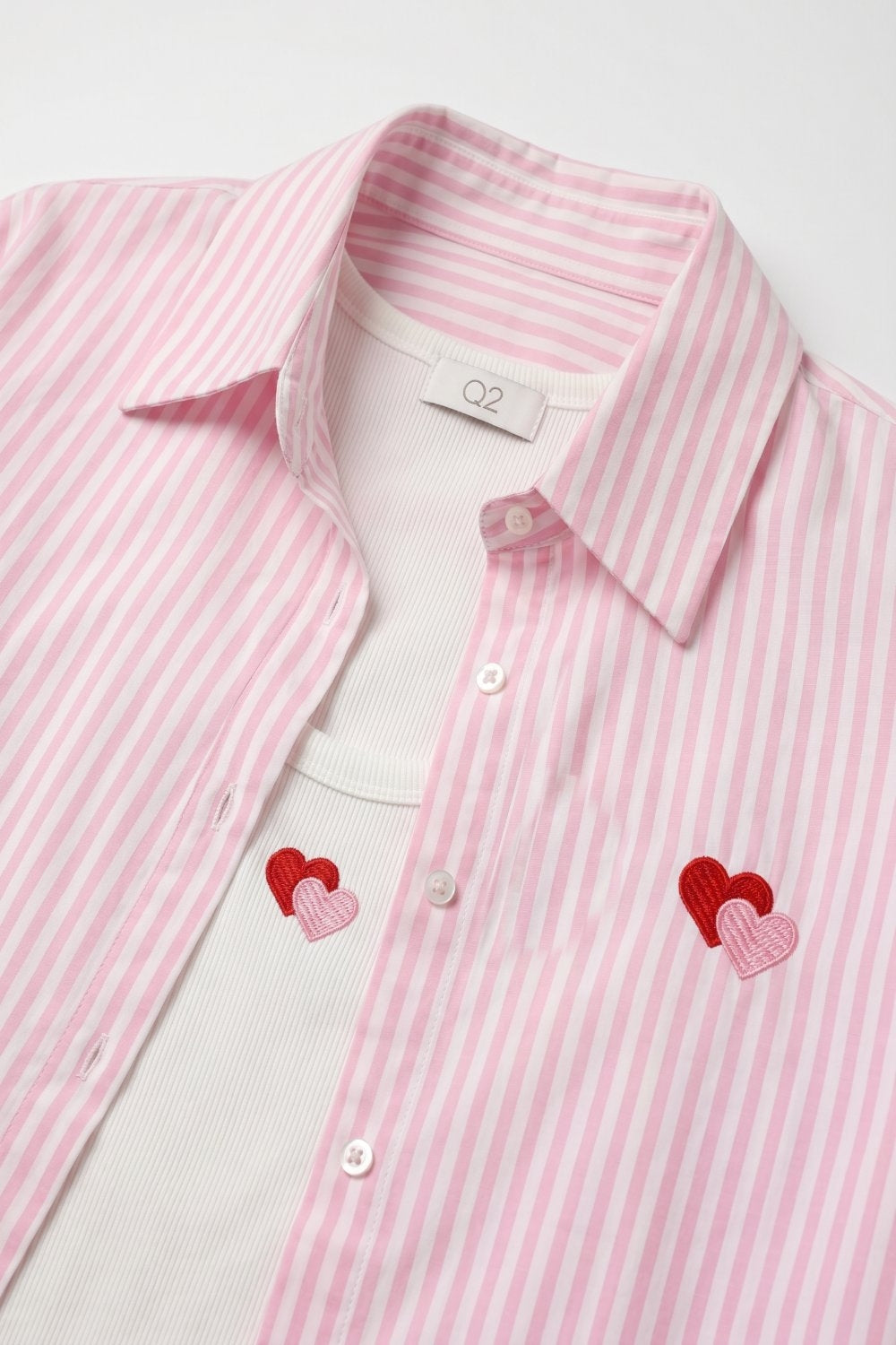 Conjunto de Camiseta e Camisa com Coração Bordado de Algodão Listrado Rosa 2 peças