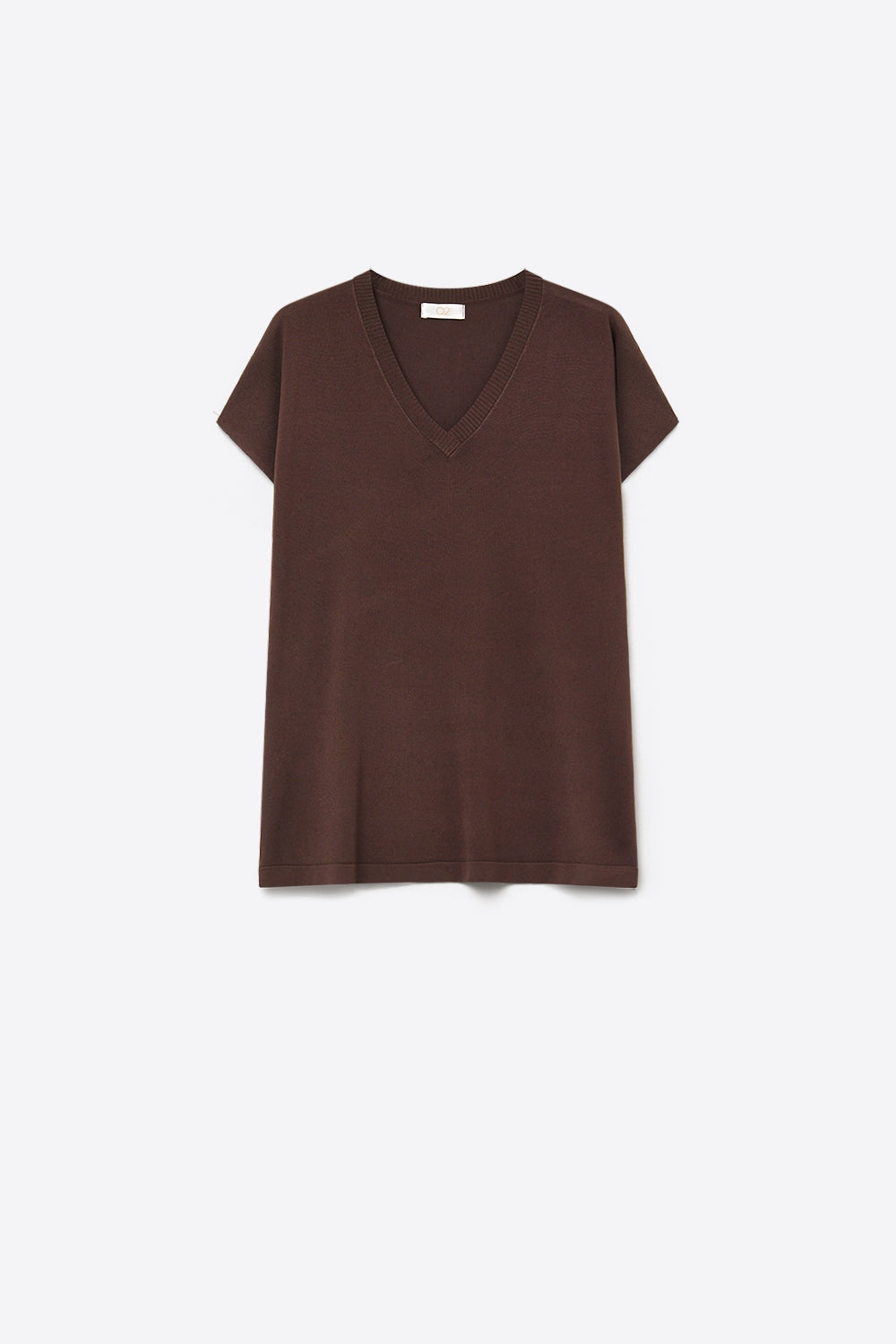 Camisola castanha de malha fina com decote em V e manga curta