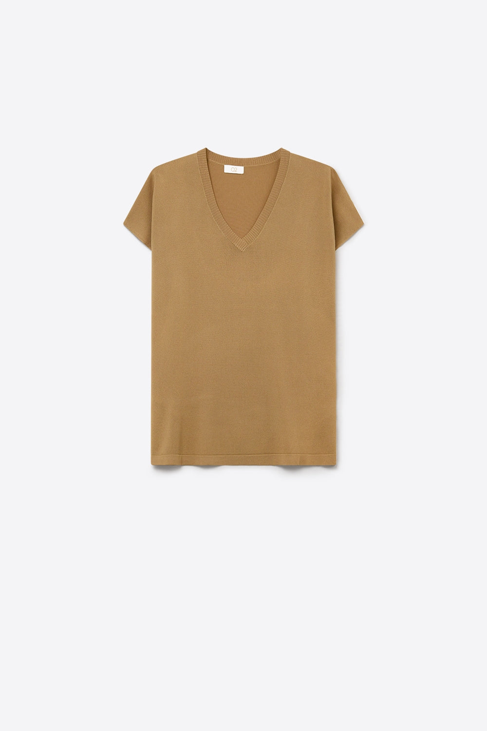 Camel Camisola de malha fina com decote em V e manga curta