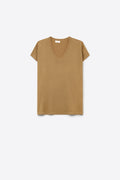 Camel Camisola de malha fina com decote em V e manga curta