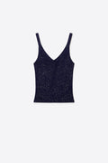 Camisola com decote em V com nervuras e brilhantes azul-marinho
