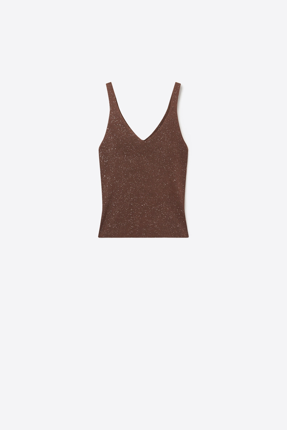 Tank Top castanho com brilhantes e brilhantes com nervuras e decote em V