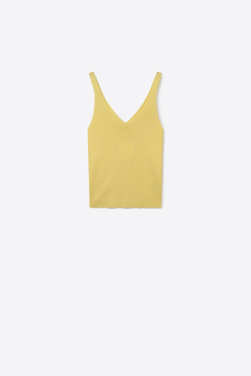 Top amarelo de malha fina com pormenores brilhantes com decote em V e sem mangas