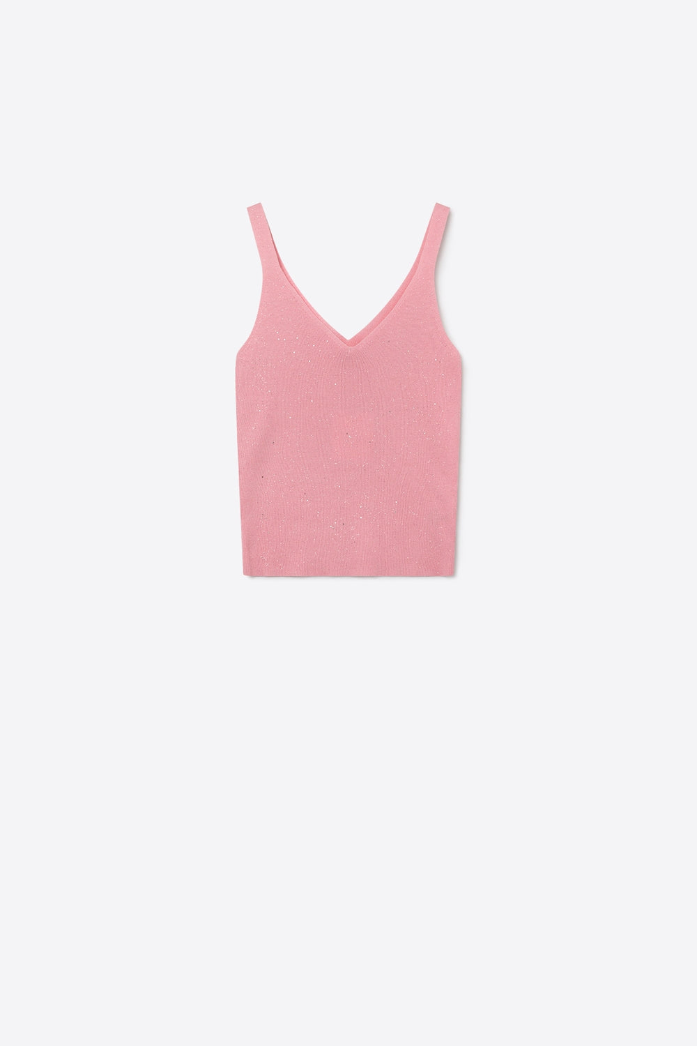 Top em malha canelada com brilhantes cor-de-rosa com decote em V