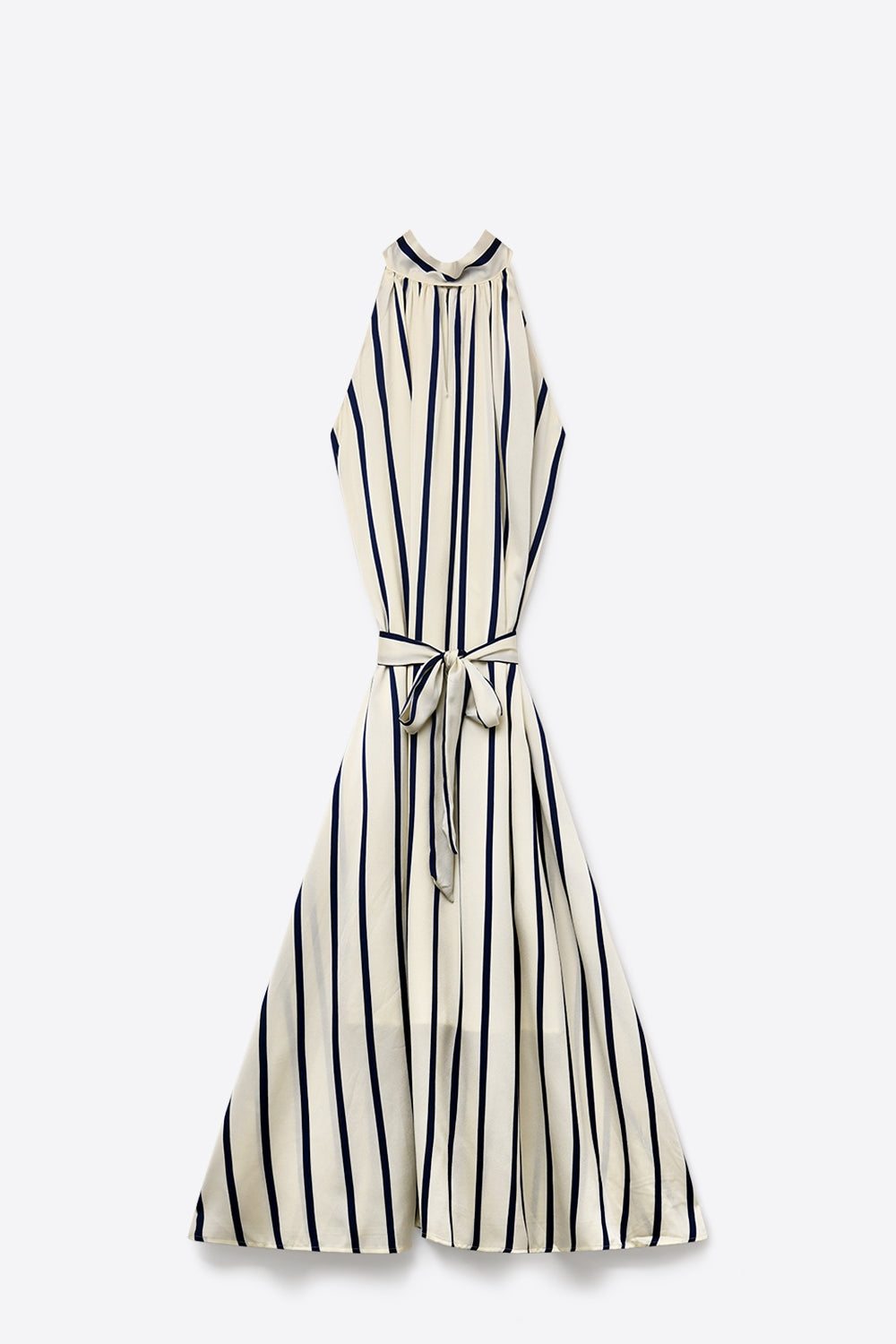 Vestido longo listrado de cetim com gola halter e cintura ajustável