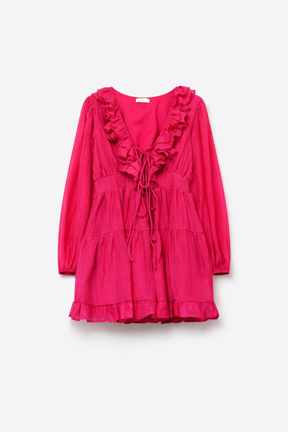 Vestido Mini Fúcsia de Chiffon Amassado com Babados Decote em V e Cintura Ajustável