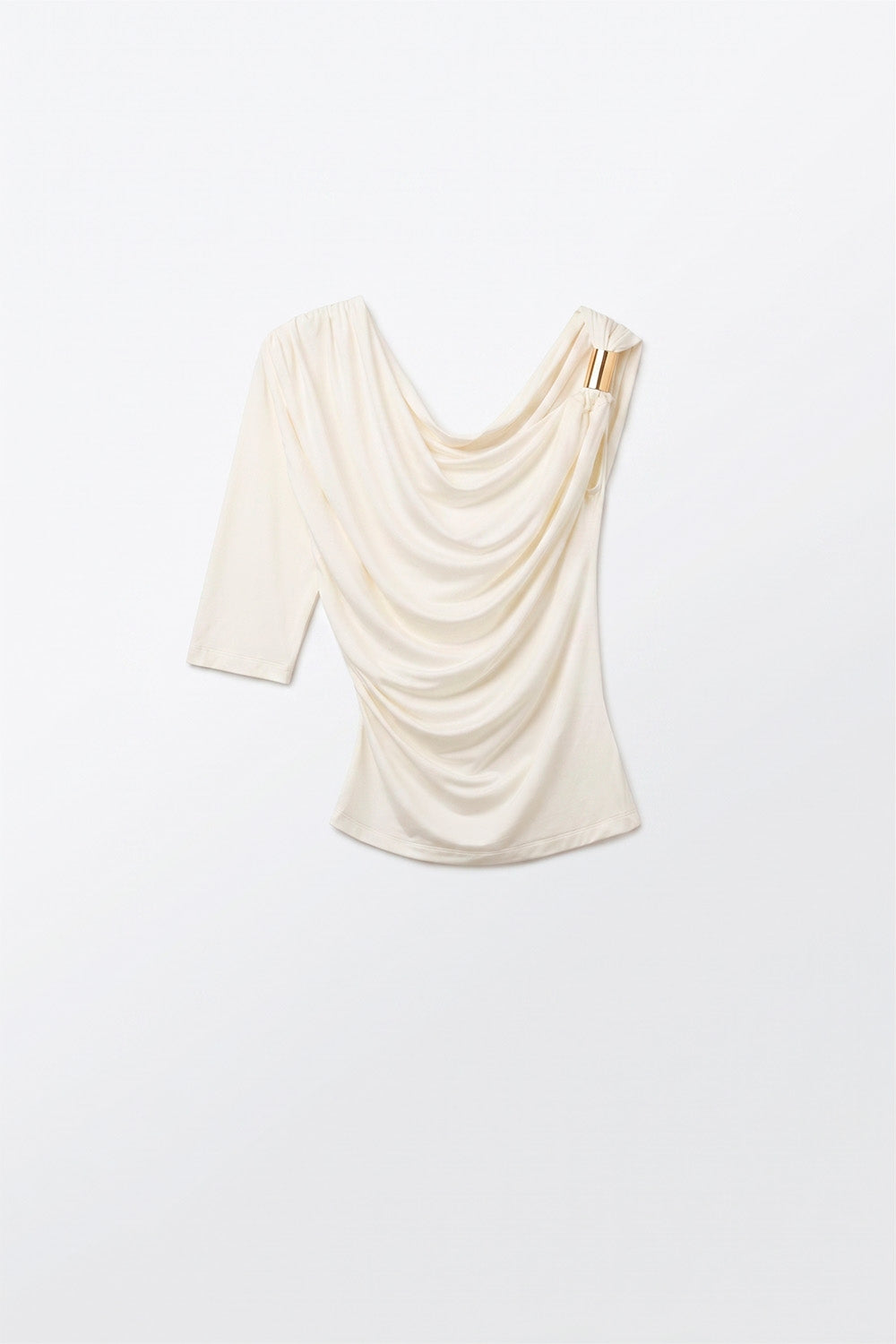 Blusa de uma manga creme em viscose elástica com detalhe dourado