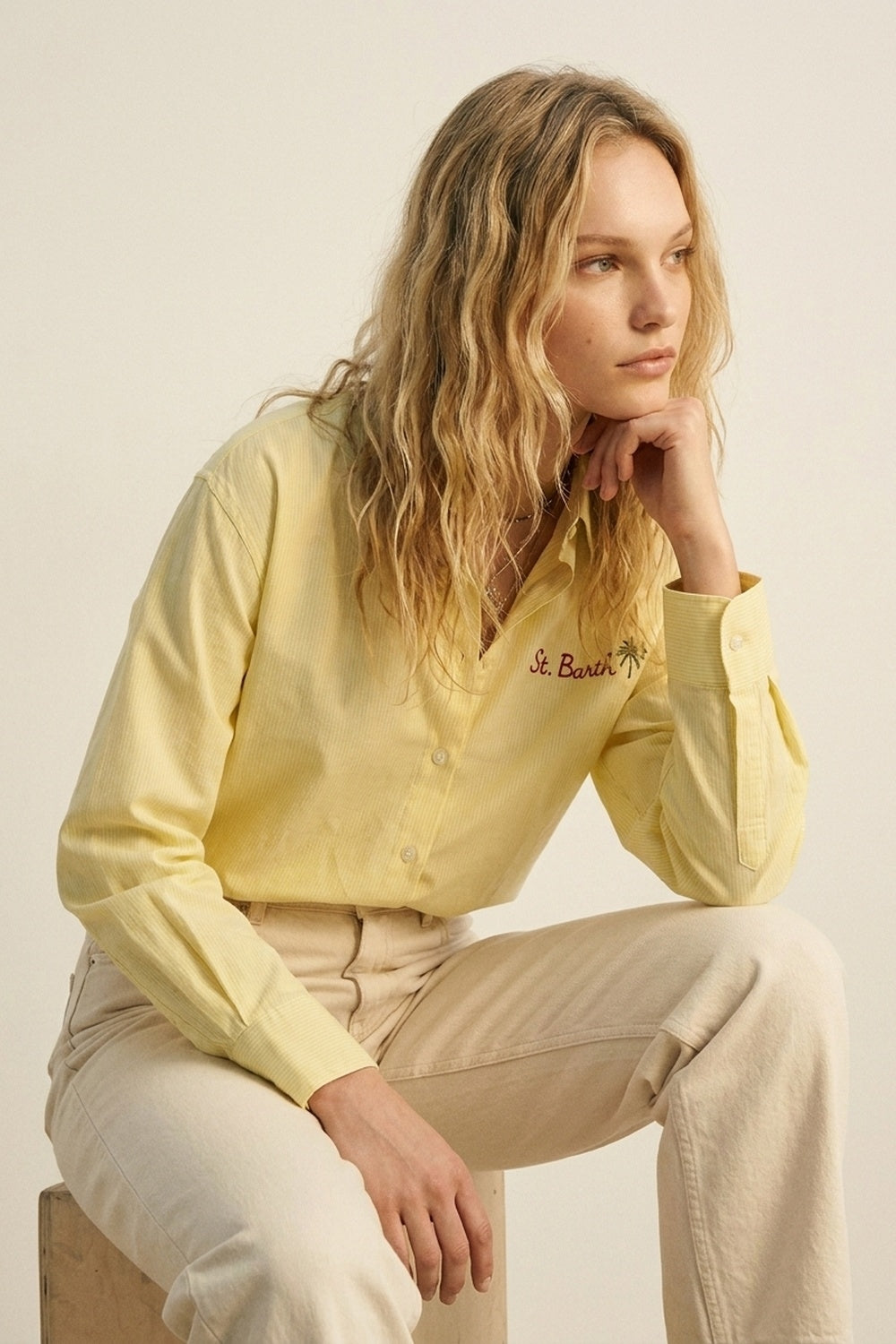 Camisa Amarela Listrada com Detalhe Bordado St Barth