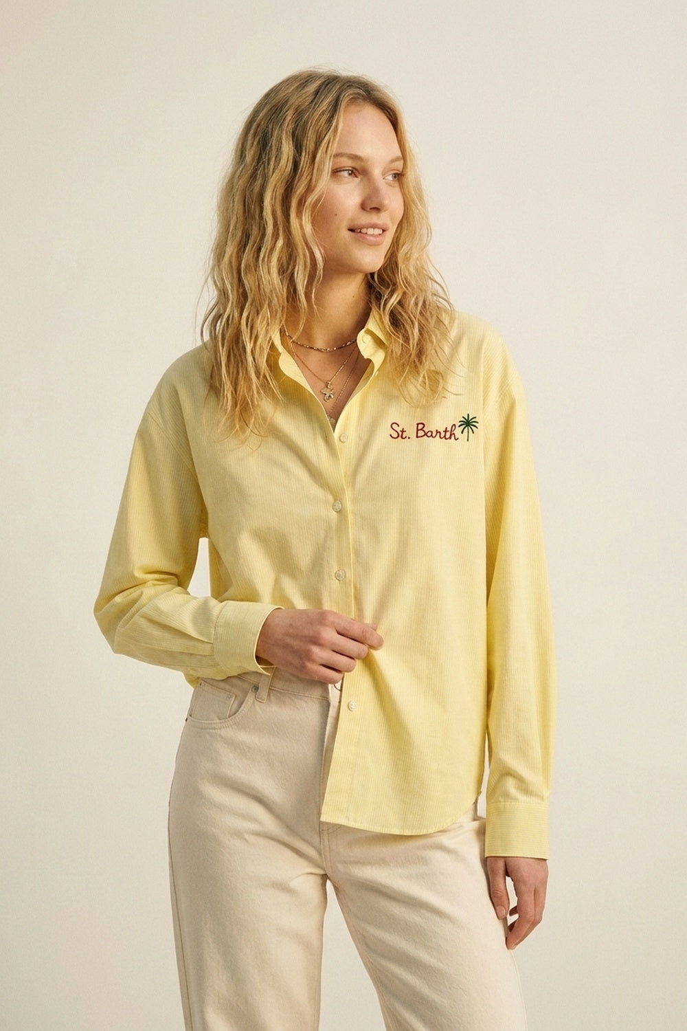 Camisa Amarela Listrada com Detalhe Bordado St Barth