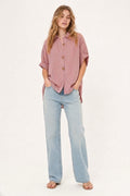 Camisa de Popeline Listrada Oversized Rosa com Botões de Estrela-do-mar