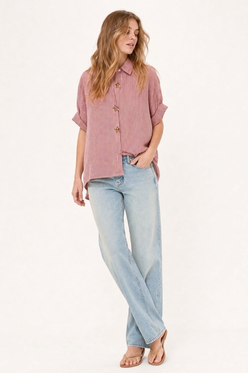 Camisa de Popeline Listrada Oversized Rosa com Botões de Estrela-do-mar