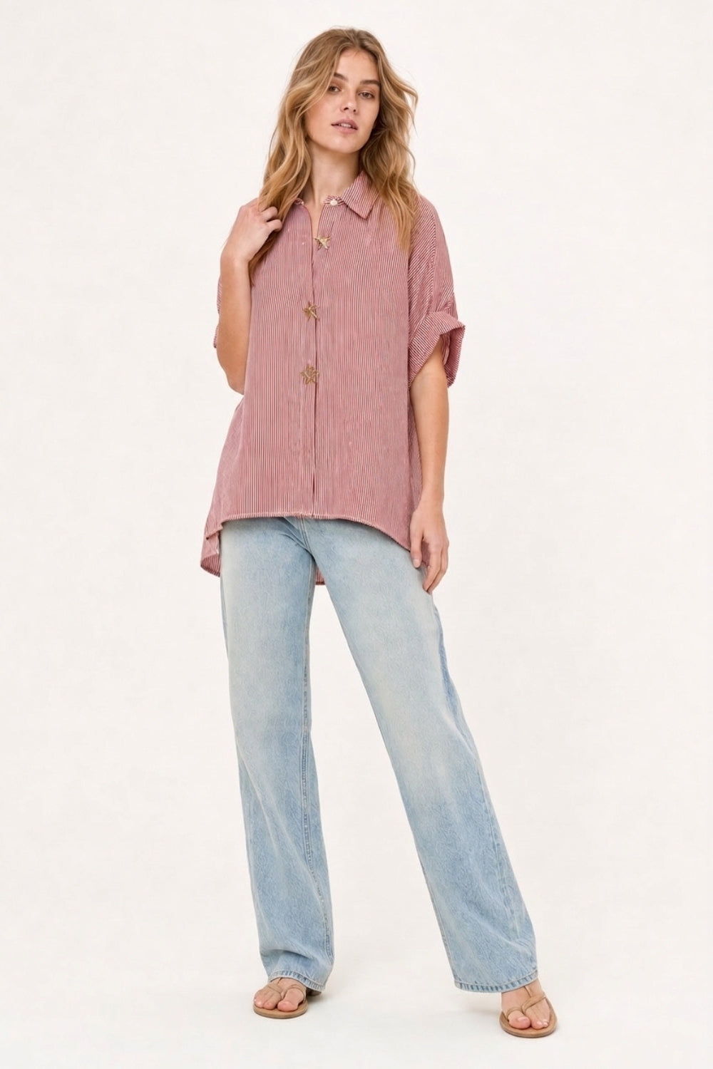 Camisa de Popeline Listrada Oversized Rosa com Botões de Estrela-do-mar