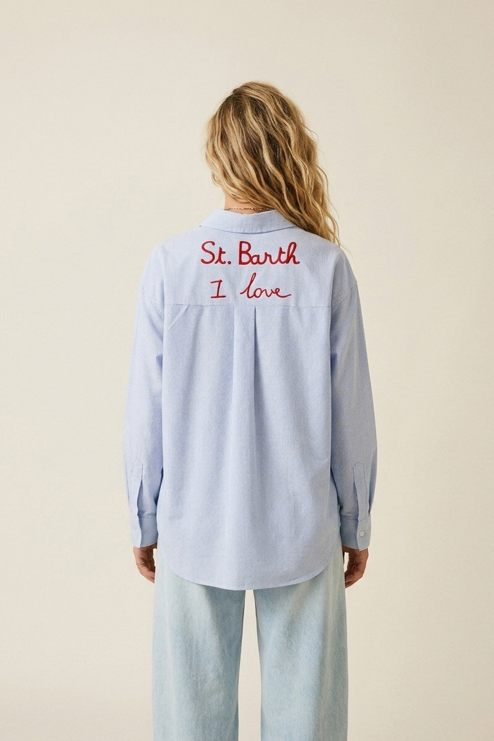 Camisa Listrada Azul Claro com Detalhe Bordado St Barth