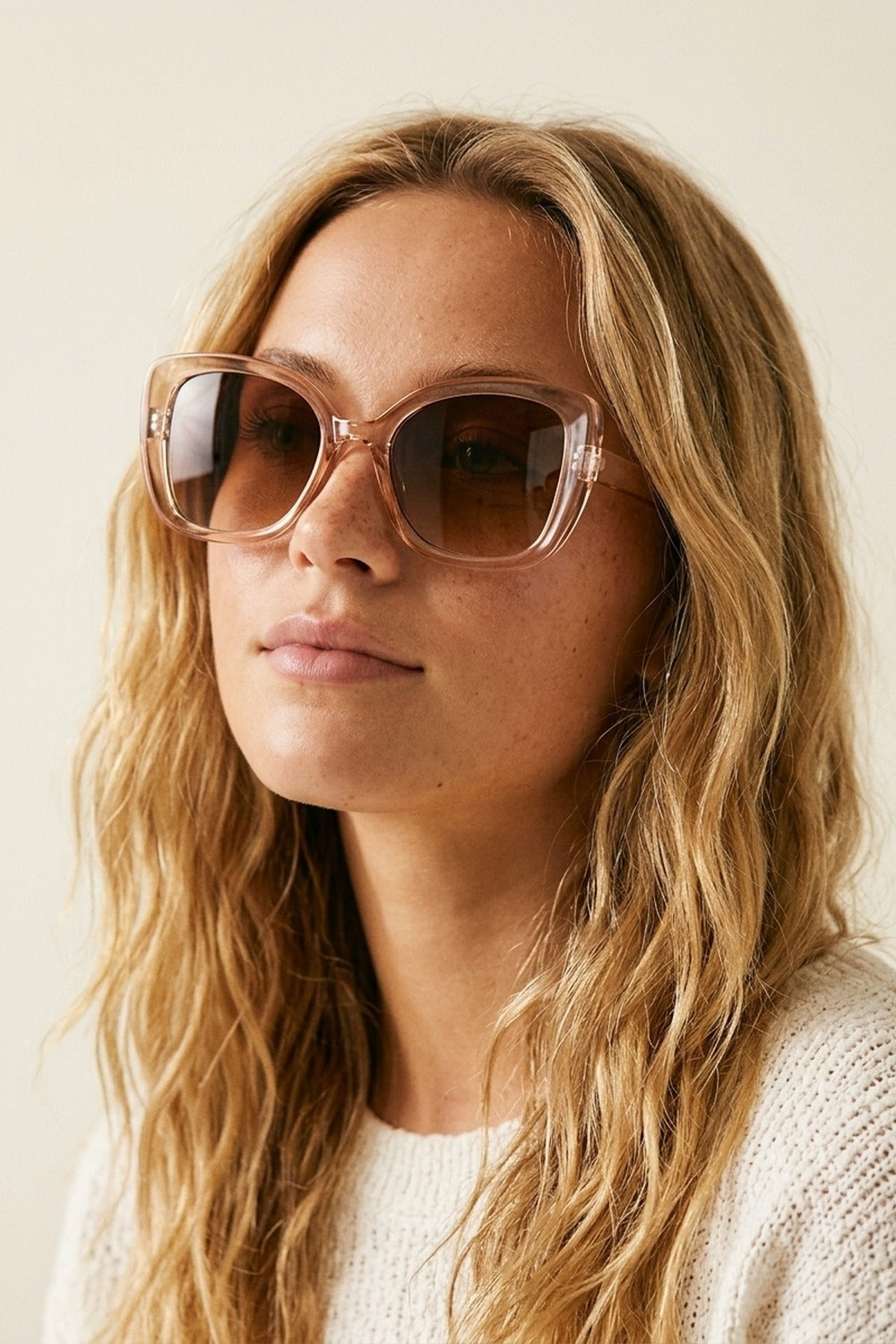 Óculos de Sol Quadrados com Lentes em Gradiente de Acetato Transparente Bege Oversize