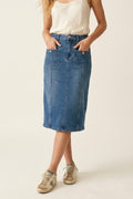 Saia Midi Jeans Lavagem Média com Bolsos Frontais Aplicados