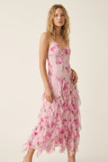 Vestido de Baile Maxi Floral Branco e Rosa com Babados