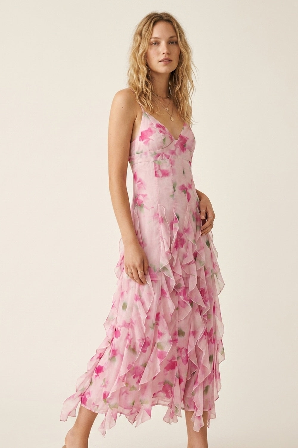 Vestido de Baile Maxi Floral Branco e Rosa com Babados