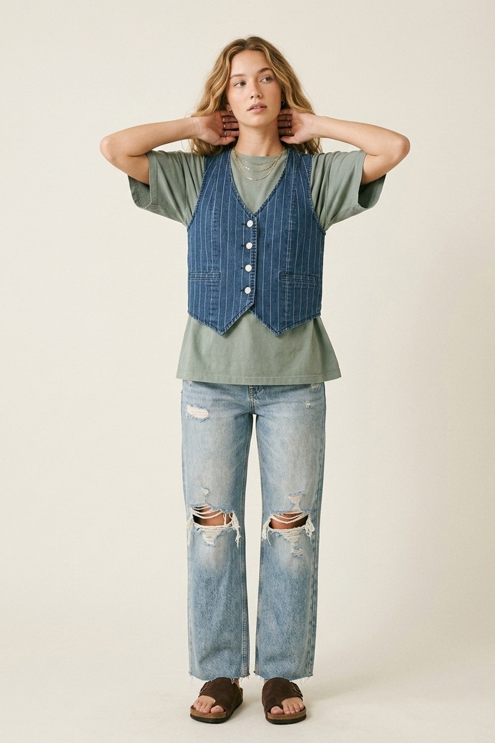 Colete com Botões na Frente de Denim com Risca de Giz Azul