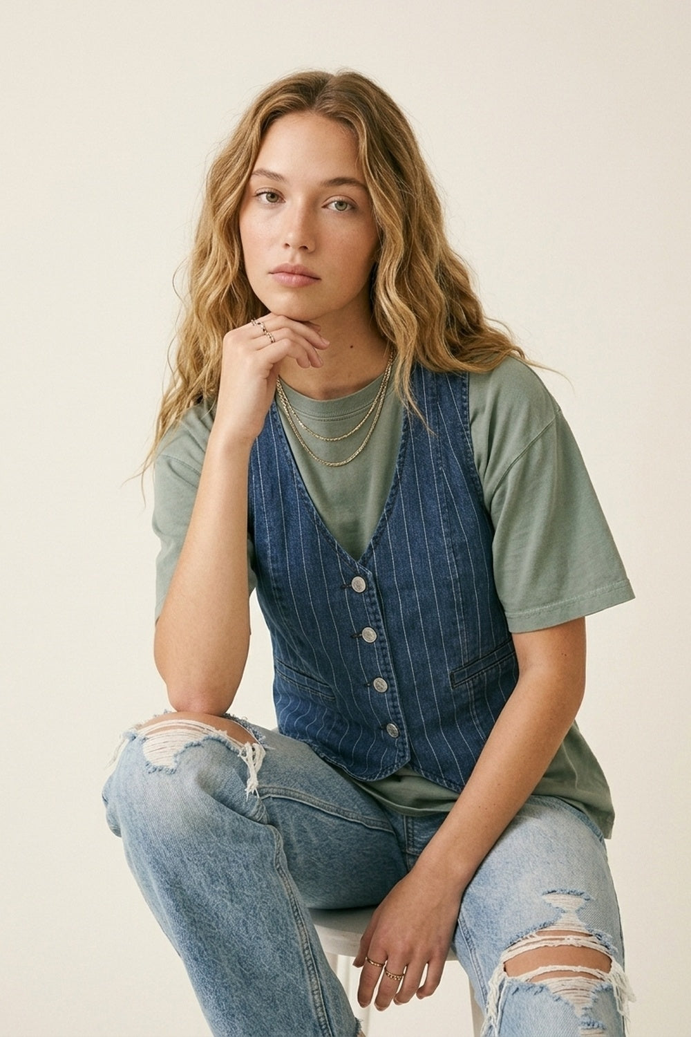 Colete com Botões na Frente de Denim com Risca de Giz Azul