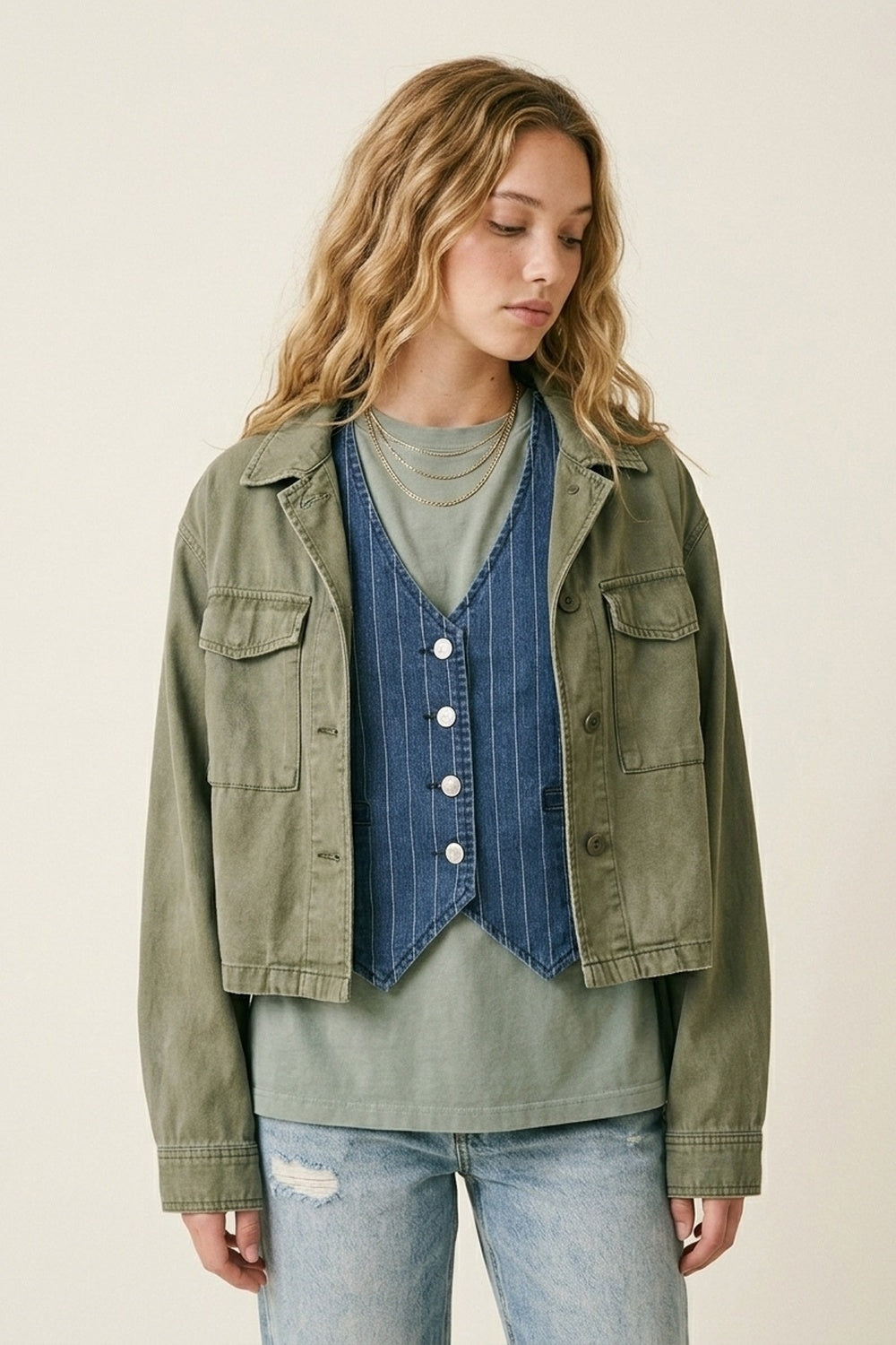 Colete com Botões na Frente de Denim com Risca de Giz Azul