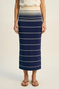 Saia midi de malha às riscas em azul-marinho com cintura em creme