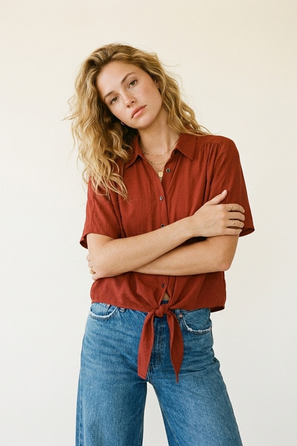 Camisa de Manga Curta com Botões e Nó Frontal em Terracota