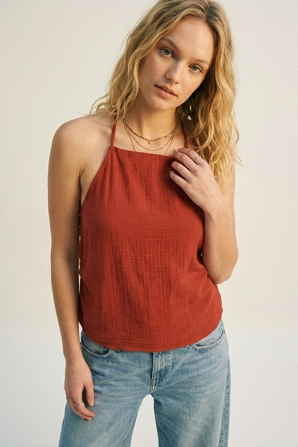Top Sem Mangas de Pescoço Halter com Textura Terracota