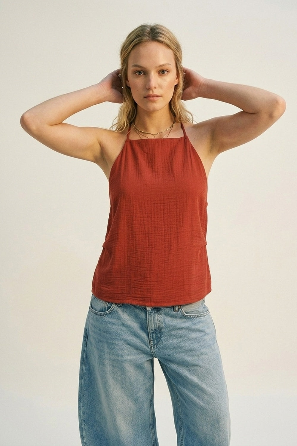 Top Sem Mangas de Pescoço Halter com Textura Terracota