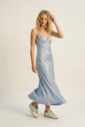 Vestido Maxi Slip de Cetim Azul Claro com Alças Finas