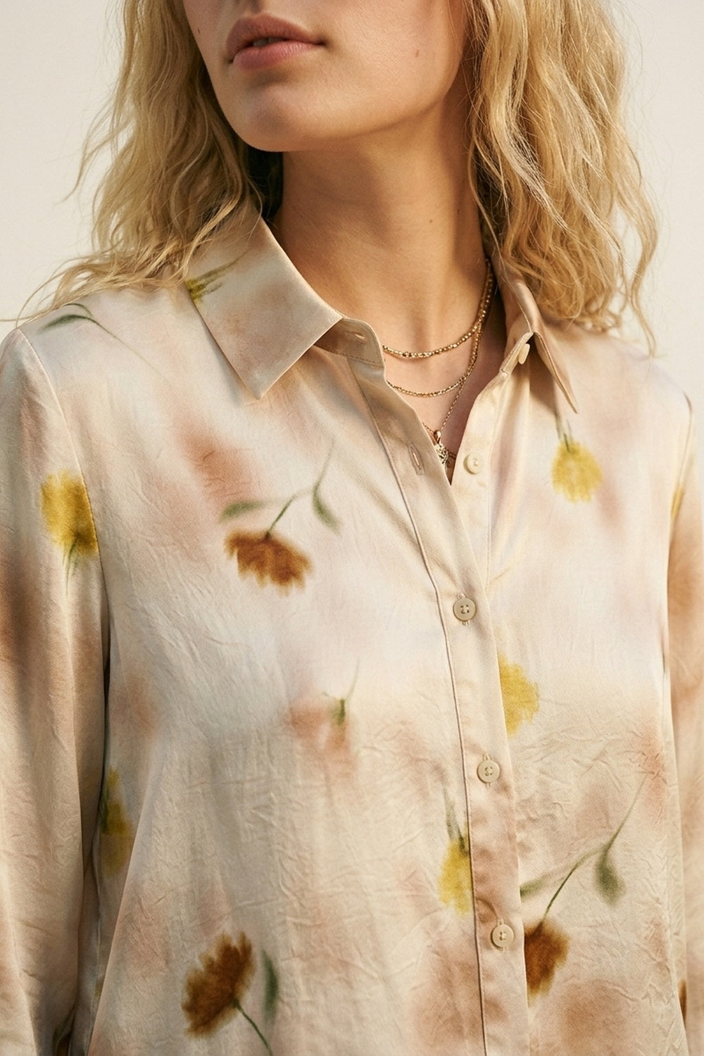 Camisa Bege de Cetim com Estampa Floral e Botões