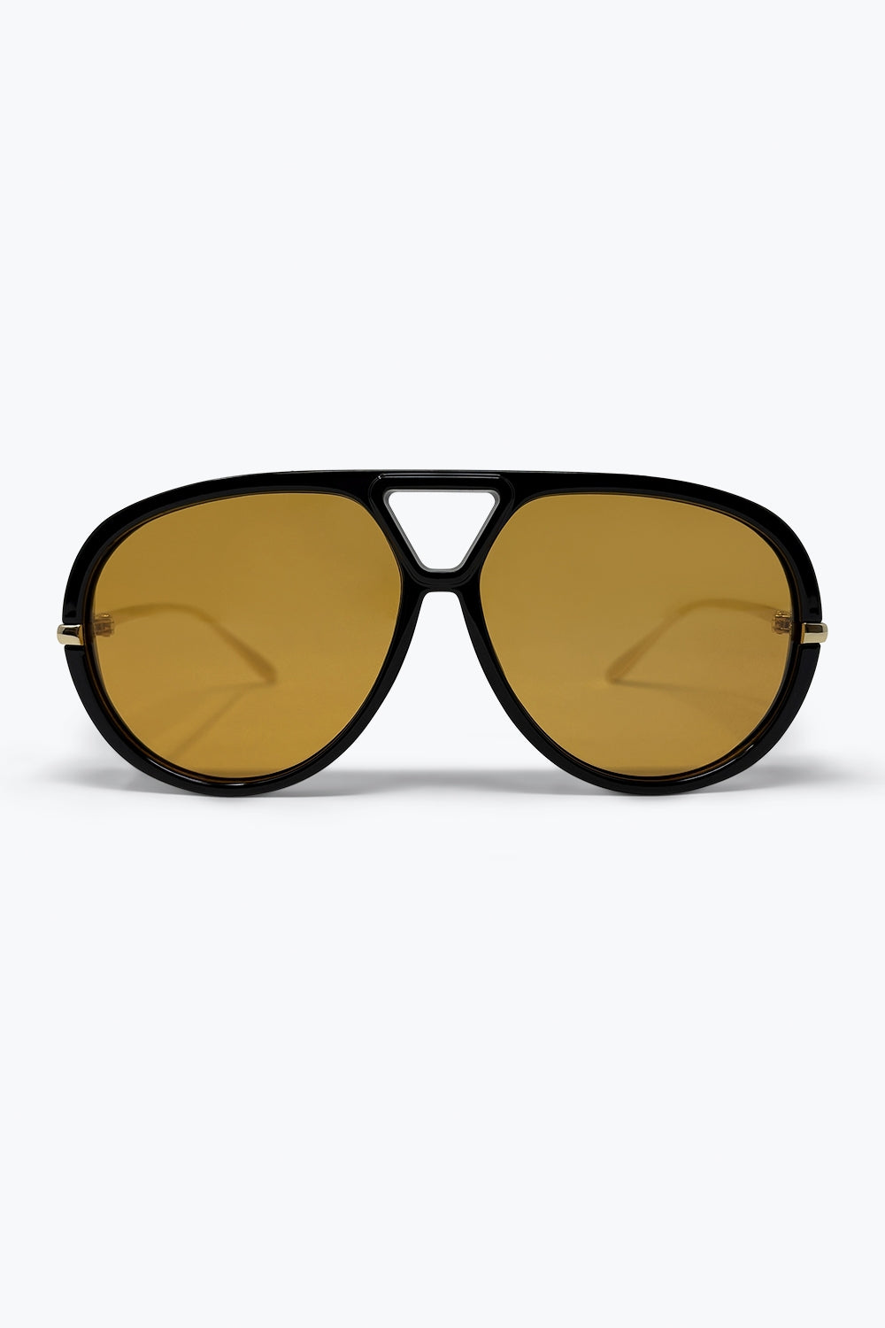 Óculos de Sol com Armação Aviador Oversize Preta com Detalhes em Ouro e Lentes Âmbar